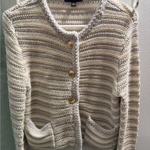 Ann Taylor Cream and Light Gray Striped Knit Cardigan with Gold Buttons